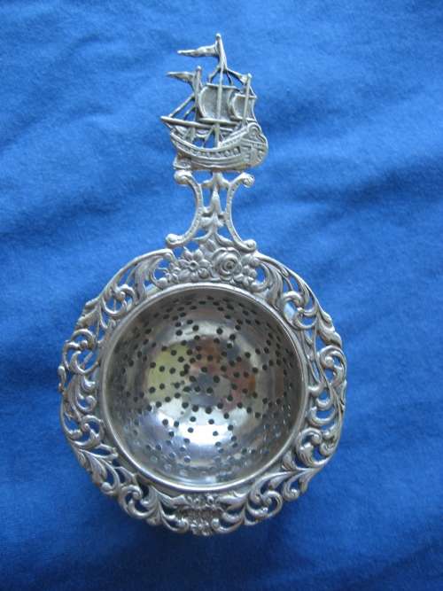Vintage Solid Silver Tea Strainer Dutch Sailing Ship Handle with Fronds and Flowers