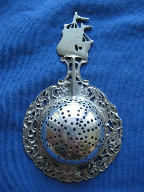 Vintage Solid Silver Tea Strainer Dutch Sailing Ship Handle with Fronds and Flowers