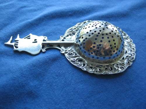 Vintage Solid Silver Tea Strainer Dutch Sailing Ship Handle with Fronds and Flowers