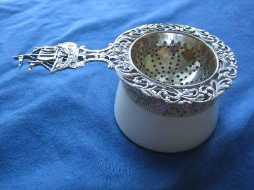 Vintage Solid Silver Tea Strainer Dutch Sailing Ship Handle with Fronds and Flowers