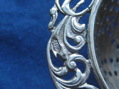 Vintage Solid Silver Tea Strainer Dutch Sailing Ship Handle with Fronds and Flowers