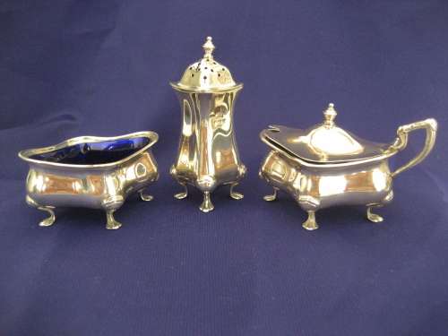Vintage Sterling Silver Walker and Hall 3 Piece Cruet Set Original Cobalt Glass Liners