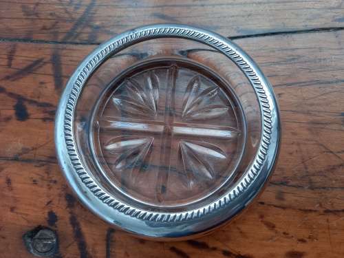 Sterling Silver Rim Pressed Glass Coaster FB Rogers Silver Co (USA) Gadrooned Edge