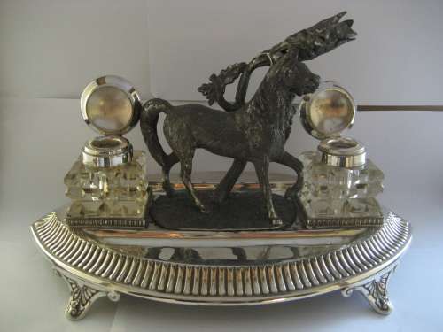 UNIQUE EQUESTRIAN INKSTAND SILVER PLATE AND SPELTER