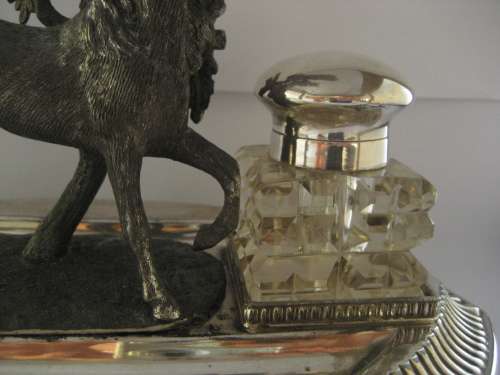 UNIQUE EQUESTRIAN INKSTAND SILVER PLATE AND SPELTER