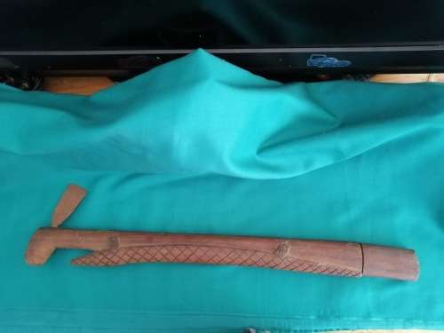 Wooden walking stick (with metal axe head and hidden knife compartment)