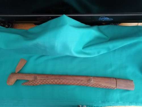 Wooden walking stick (with metal axe head and hidden knife compartment)