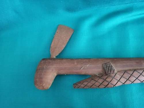 Wooden walking stick (with metal axe head and hidden knife compartment)