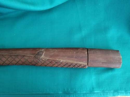 Wooden walking stick (with metal axe head and hidden knife compartment)