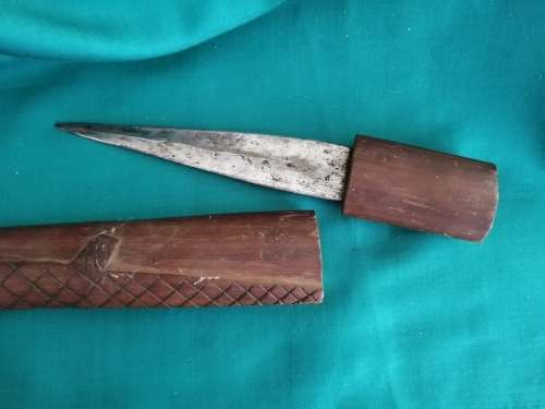 Wooden walking stick (with metal axe head and hidden knife compartment)