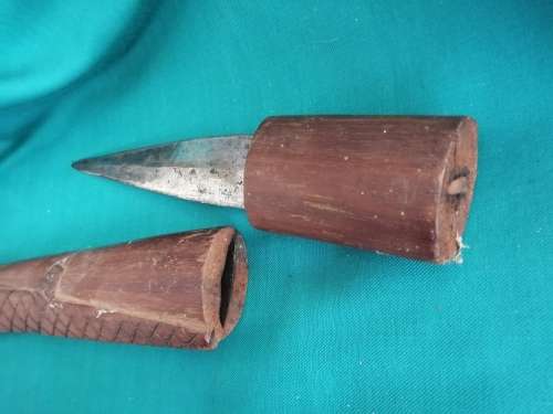 Wooden walking stick (with metal axe head and hidden knife compartment)
