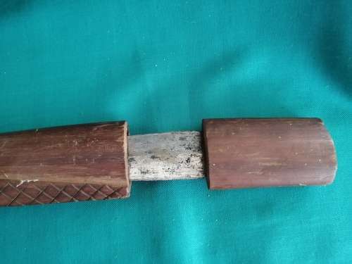 Wooden walking stick (with metal axe head and hidden knife compartment)
