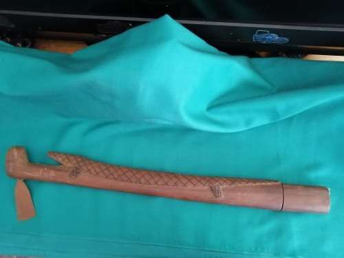 Wooden walking stick (with metal axe head and hidden knife compartment)