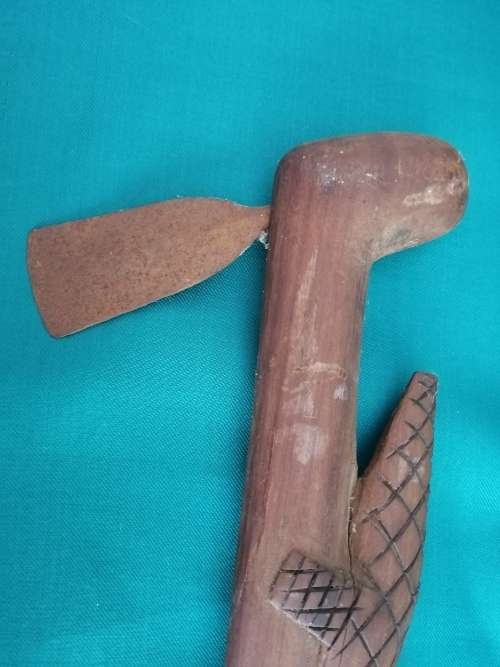 Wooden walking stick (with metal axe head and hidden knife compartment)