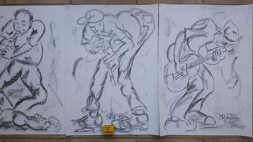 Original Selesho-3 MUSICIANS-3 X PAINTINGS-X LARGE- 600MMX 420MM-VALUED AT R7000
