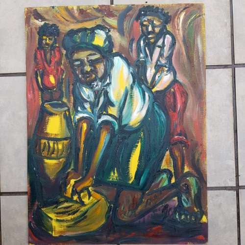 SELESHO(95% COLLECTION SOLD) " THE GRINDSTONE" LARGE OIL PAINTING - 600mm(60cm) X 450mm(45cm)YEAREND