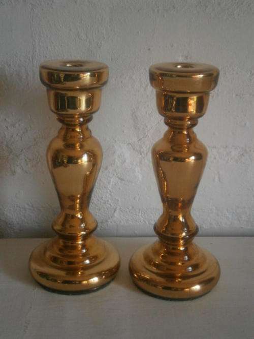 2 Gold Glass Candle Holders (26cm high)