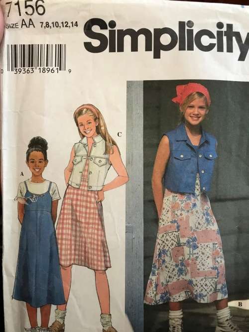 Sewing pattern Simplicity 7156, girl`s dress and  vest, size 7 - 14