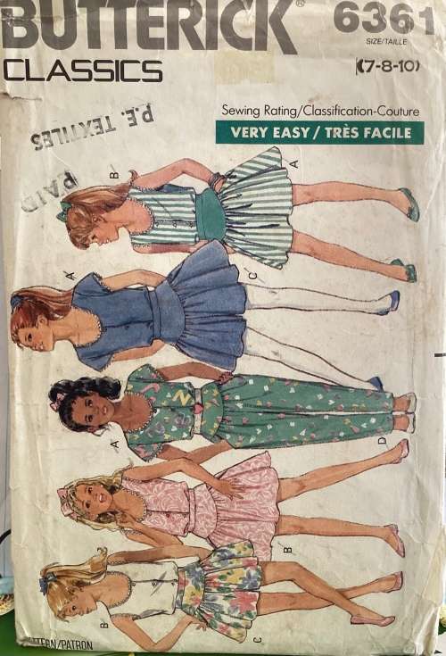 Sewing Pattern Butterick 6361, girl's top, clotted, skirt & pants, size 7-8-10