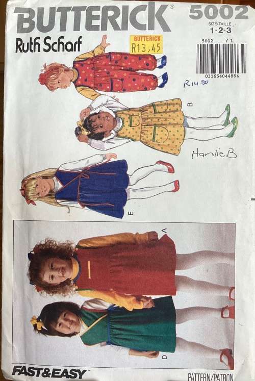 Sewing pattern Butterick 5002, toddlers jumper, jumpsuit and top, size 1-2-3