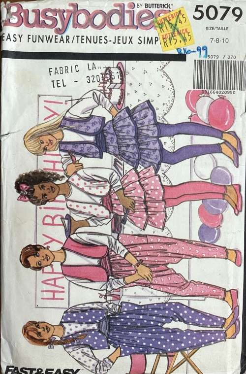 Sewing pattern Butterick 5079, girls vest, top, skirt, ham pants, leggings & sash, size 7-8-10