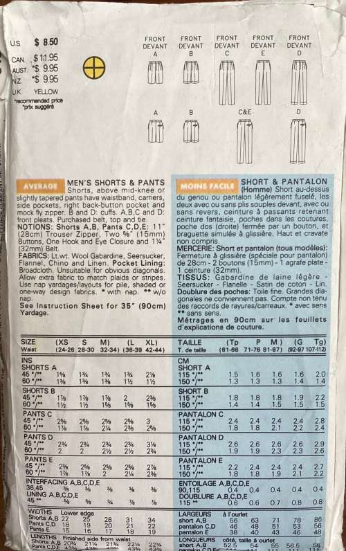Sewing pattern Butterick 5123, mens shorts and pants, size L-XL