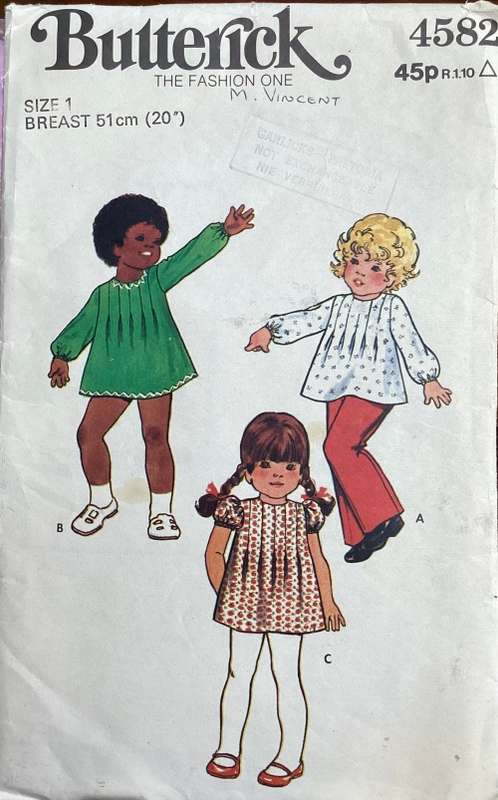 Sewing pattern Butterick 4582, toddlers vintage dress, top & pants, size 1