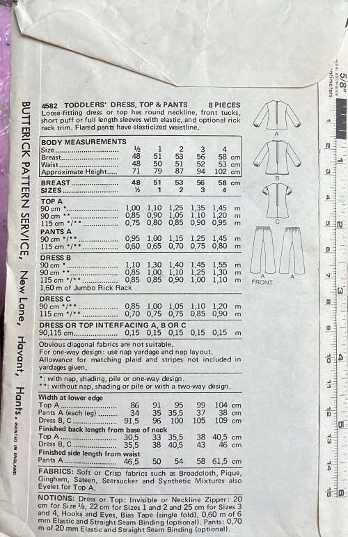 Sewing pattern Butterick 4582, toddlers vintage dress, top & pants, size 1