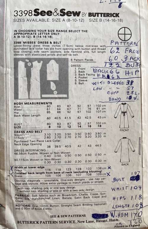 Sewing pattern Butterick 3398, ladies dress & belt, size 14-18