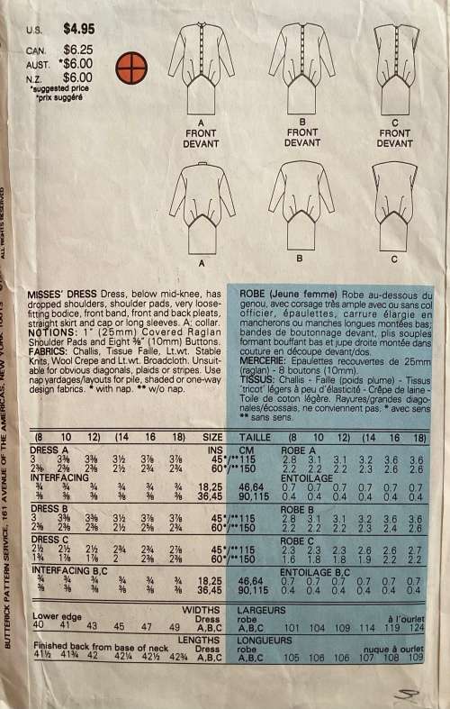 Sewing pattern Butterick 3941, ladies dress, size 14-18