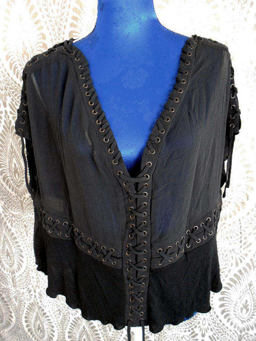 ALLSAINTS SPITALFIELDS Designer Eyelet Rivets Lace Up Black Silk Top* UK8/Small*Brand New