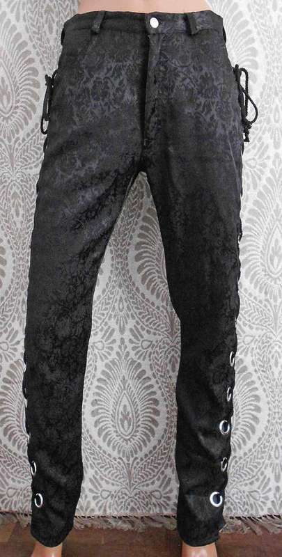 Vintage 80's Black Floral Brocade Pants* Lace-up Sided*Silver Eyelets* Size M