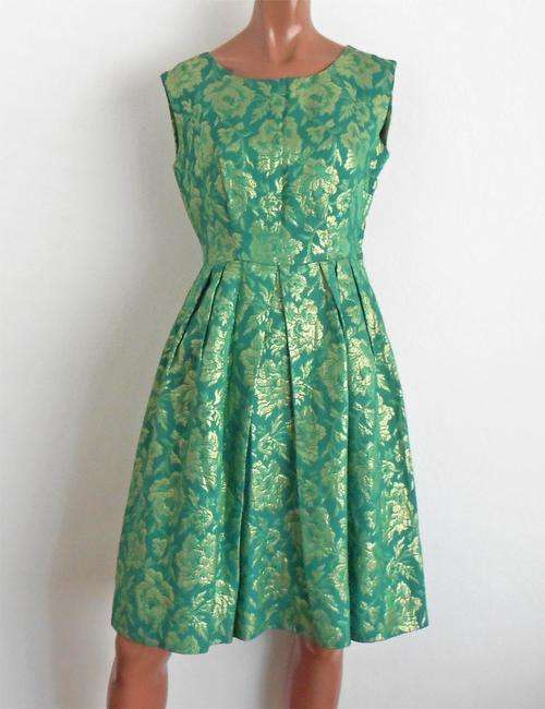 VINTAGE*Original 50's Fit and Flare Dress* Petticoat* Green and Gold Brocade* Luxurious*Size Small
