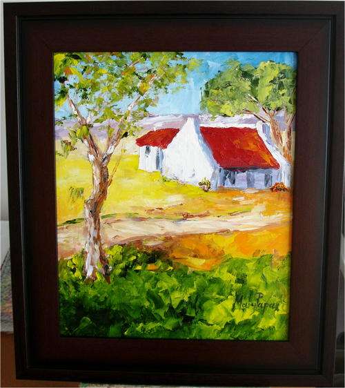 Farm Cottage 1, framed oil painting by Mary Papas