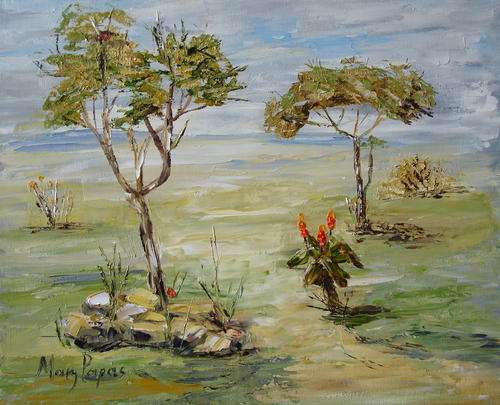 African Landscape with Aloe,  oil painting by Mary Papas