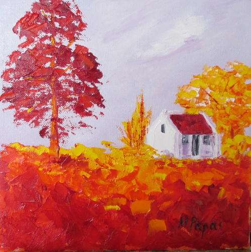 Cottage with Red Tree,  oil painting by Mary Papas