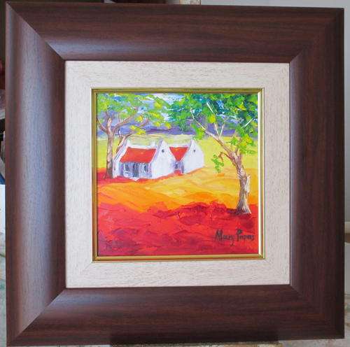 Cottages 2, framed oil painting by Mary Papas
