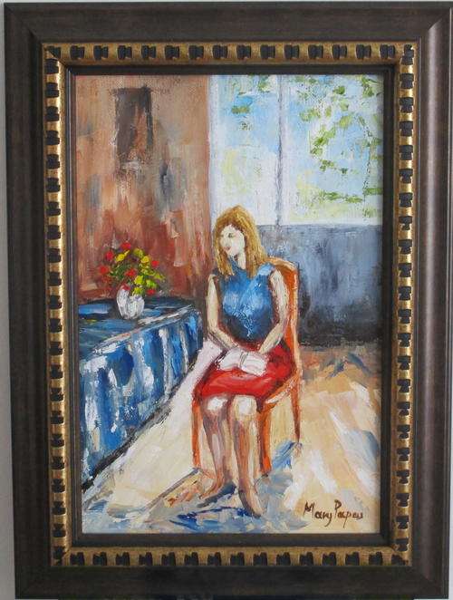 Girl with Book, framed oil painting by Mary Papas