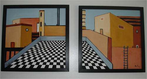 Pawns of Industry, a pair of framed oil paintings by Mary Papas