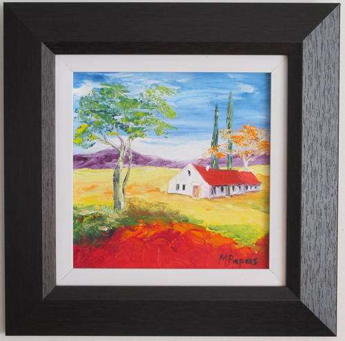 Farmhouse 2, framed oil painting by Mary Papas