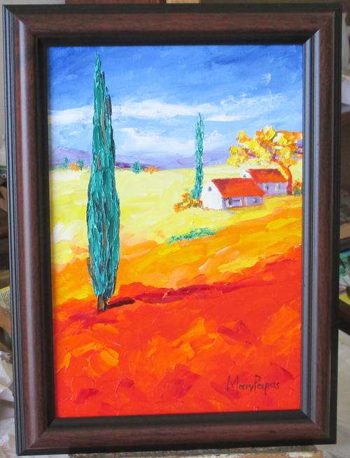Cottage with Poplar Tree, framed oil painting by Mary Papas