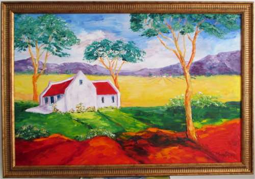 A Country Home , framed  oil painting by Mary Papas