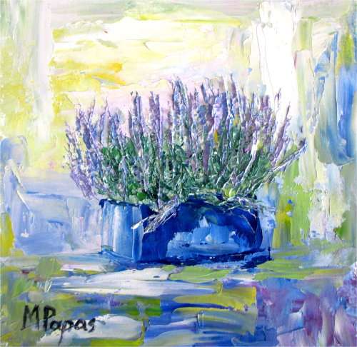 Lavender Potplant, framed oil, by Mary Papas