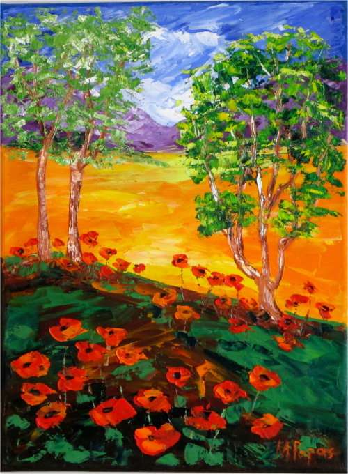 Country Scene with Poppies, oil painting by artist Mary Papas