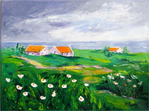Cottages with seaview, oil painting by artist Mary Papas