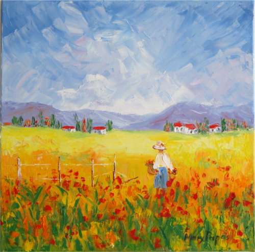 Picking Flowers, oil painting by artist Mary Papas