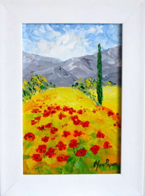 Poppy Field 1, framed oil painting by artist Mary Papas