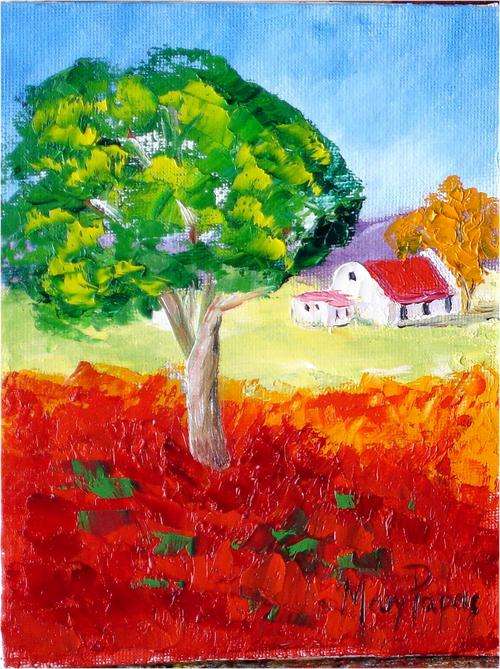 Farmhouse with big tree, oil painting by Mary Papas