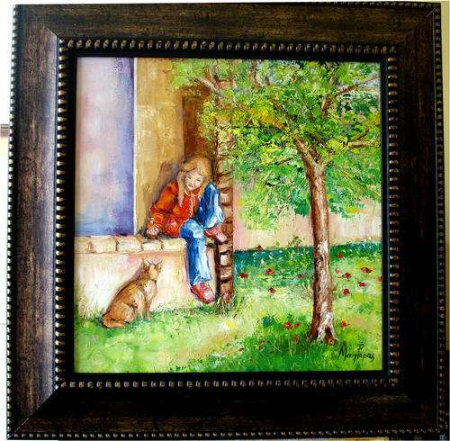 CONVERSATIONS WITH THE CAT, framed oil painting by Mary Papas>>SPECIAL<<