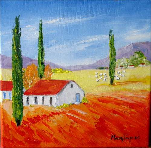 Cottage with poplars, oil painting by Mary Papas